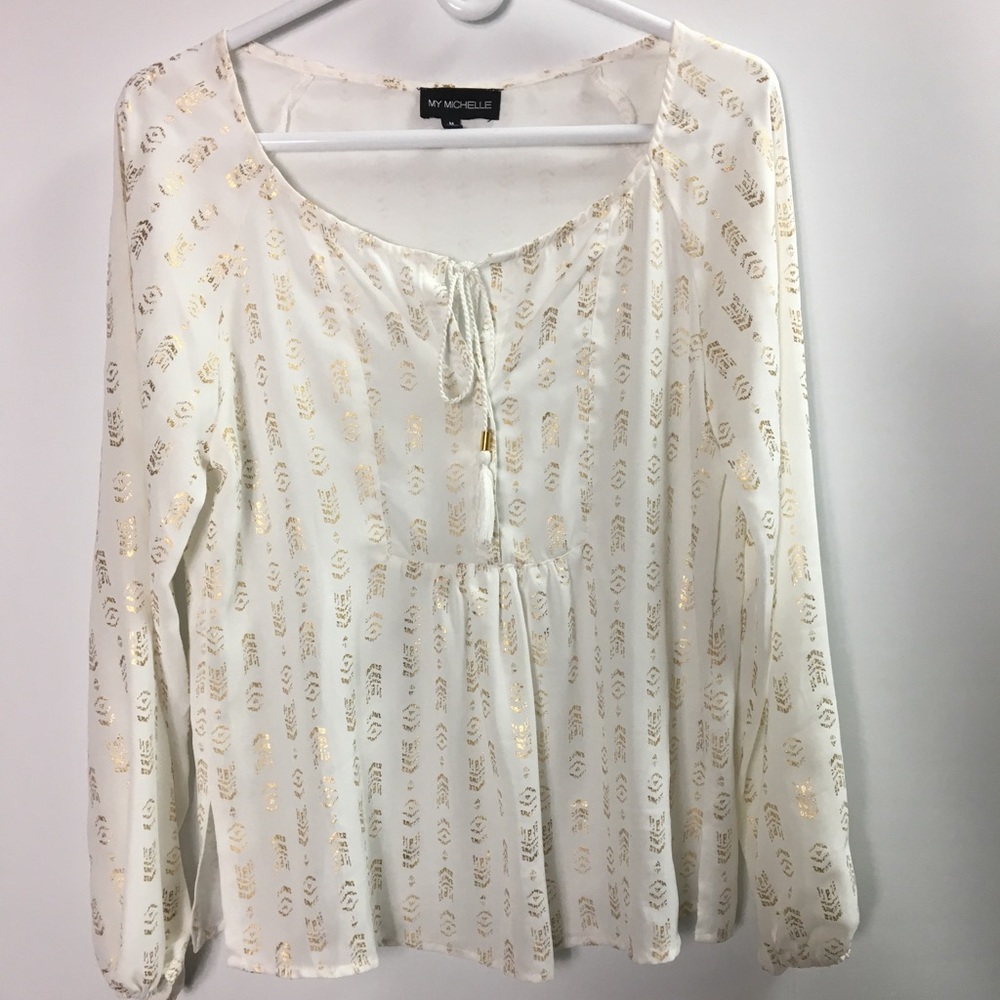 NWT MY MICHELLE Womens Blouse sheer Size M Gold